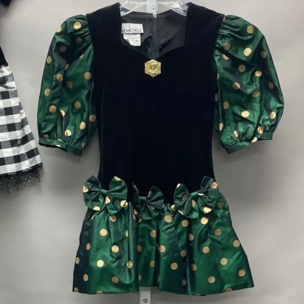 RARE Vintage My Michelle 80s Party Dress Girls 7 Gold Green Black Polka Dots